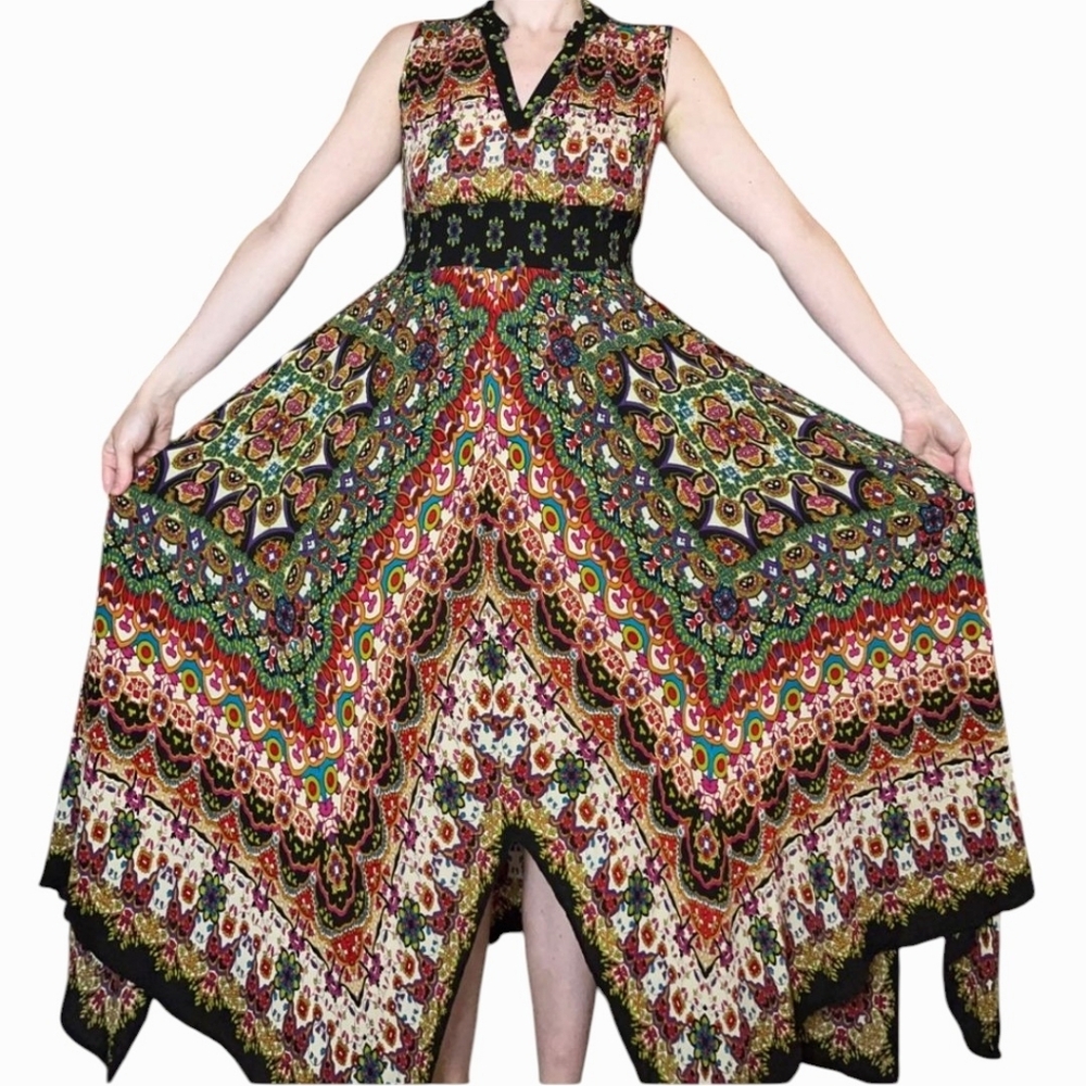 BILA Printed Notch Neck Handkerchief Hem Midi Dress Sz L